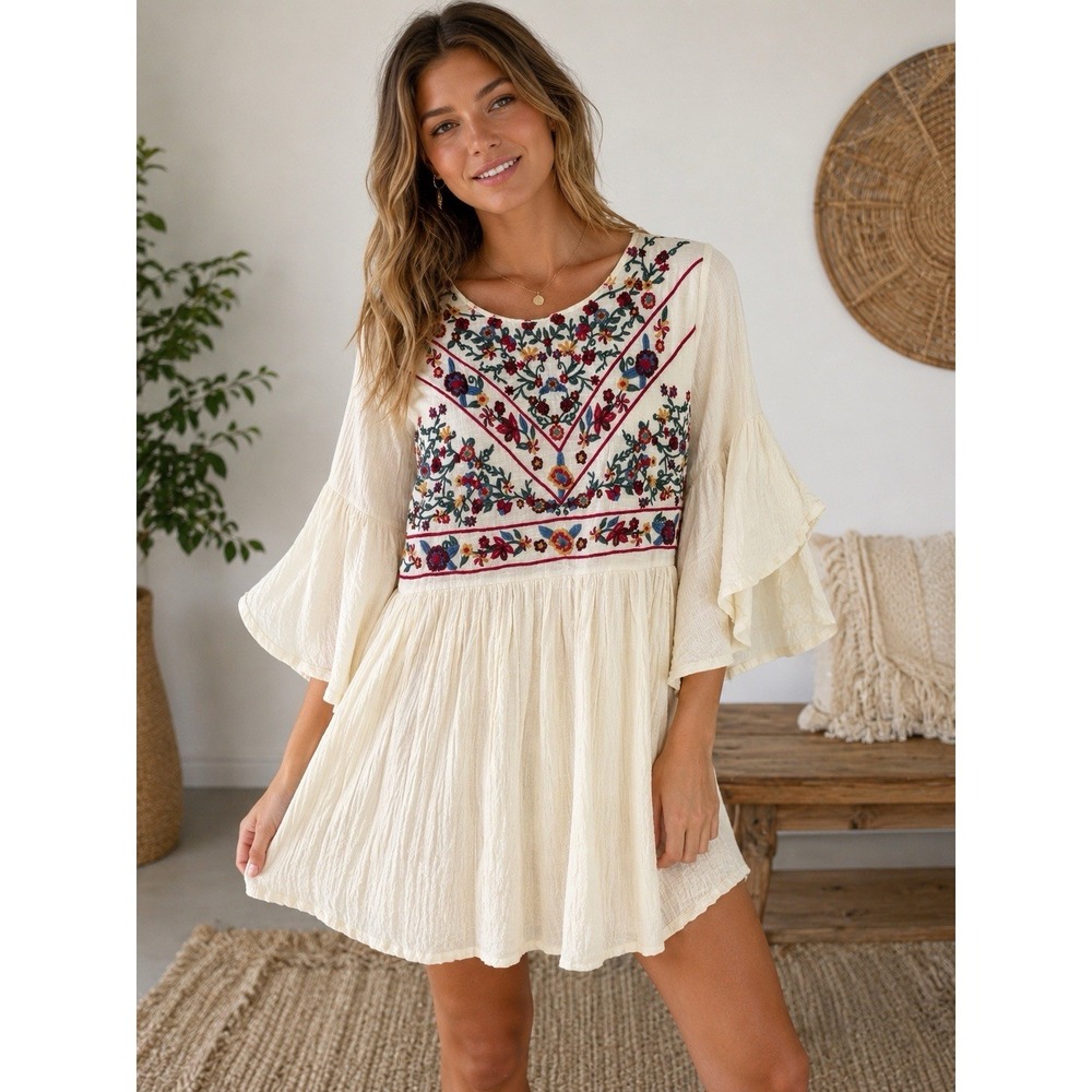 UMGEE USA Embroidered Boho Peasant Mini Dress (S) Bell Sleeve Floral Festival